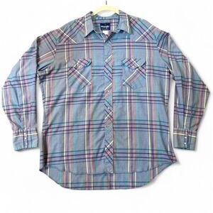 Vintage Wrangler Western Shirt XL Pastel Plaid Pearl Snap Cowboy Shirt Rodeo